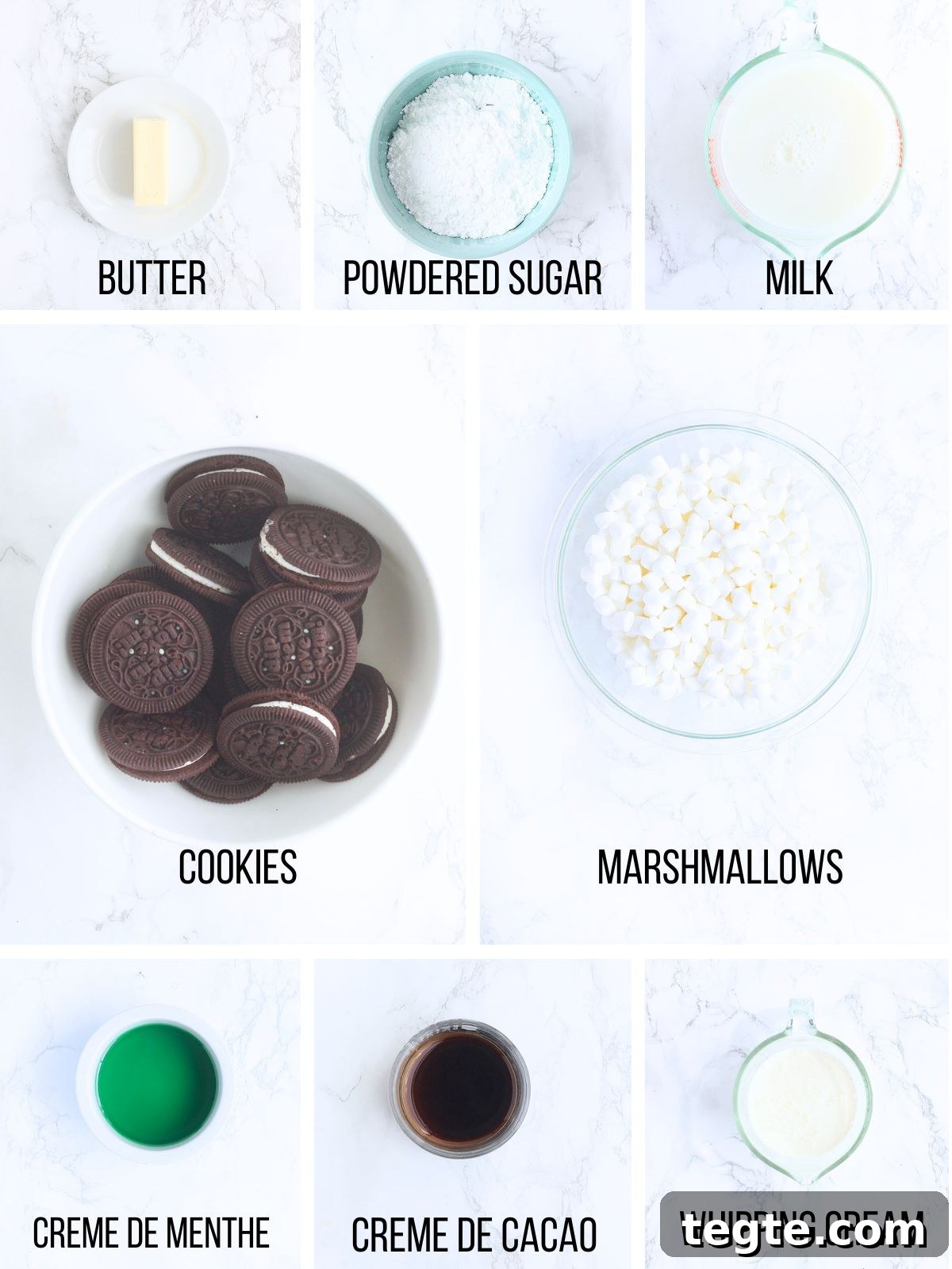 Classic Grasshopper Pie Recipe: Mint Chocolate Cream Pie 3 Collage of ingredients needed to make grasshopper pie.