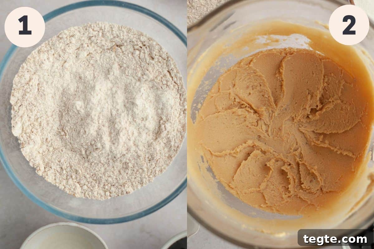 Steps 1 and 2 in the molasses crinkle cookie baking process.