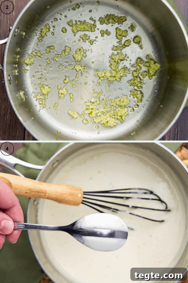 Creamy Asiago Sauce for Pasta and Vegetables 4 a pot with sauteed garlic over an image of the same pot full of creamy asiago sauce