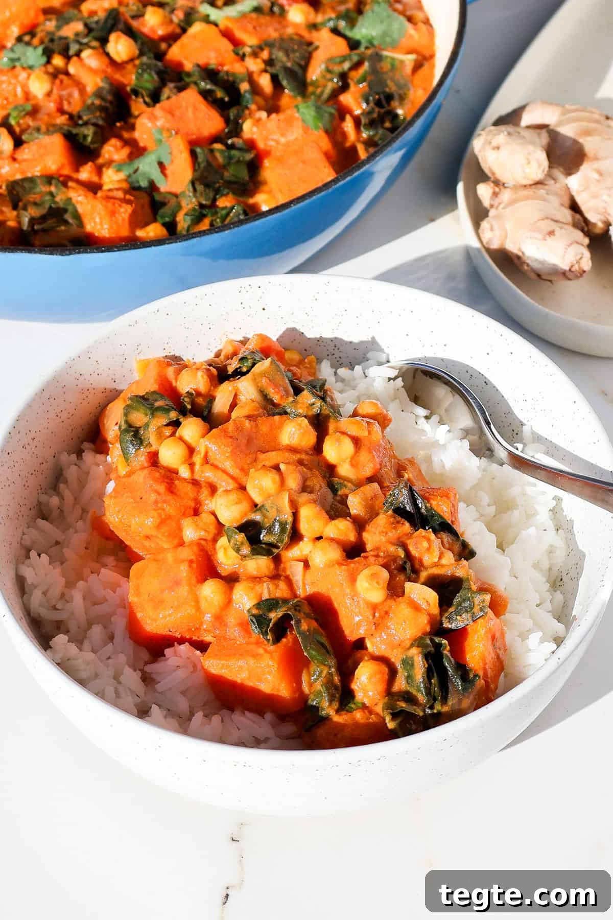 Butternut Squash and Chickpea Curry Recipe for Cozy Dinners 2 Side shot of curry served in a bowl with rice.