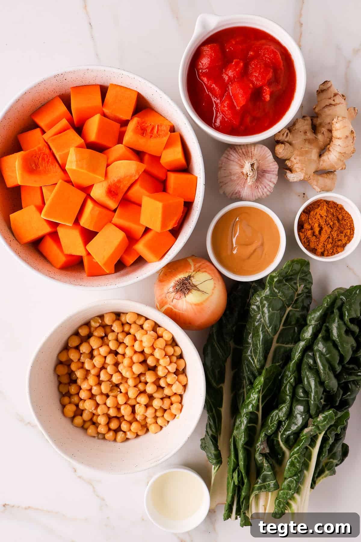Butternut Squash and Chickpea Curry Recipe for Cozy Dinners 4 Ingredients shown to make the recipe.