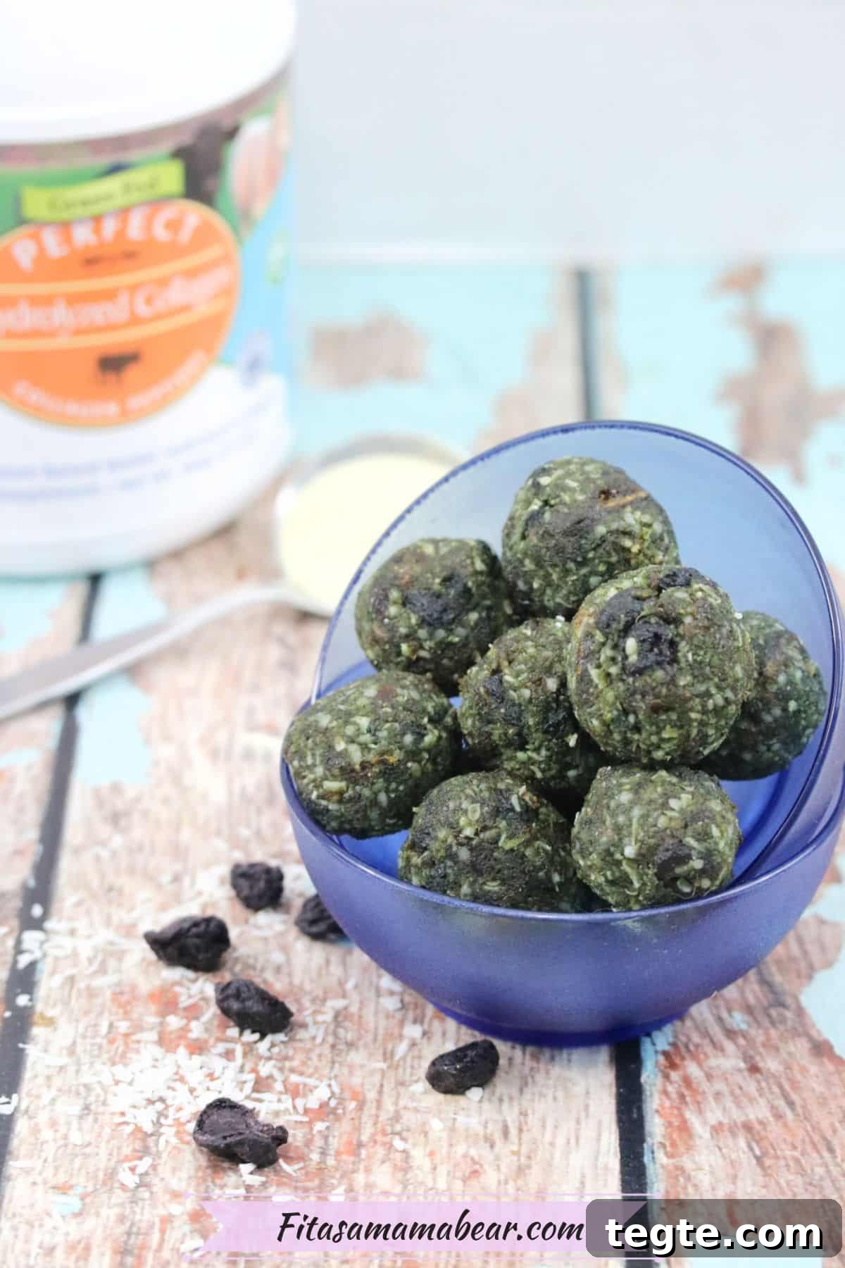 Energizing Spirulina Protein Balls (Gluten-Free) 7 Spirulina energy balls in a blue bowl with collagen powder and a tub behind them.