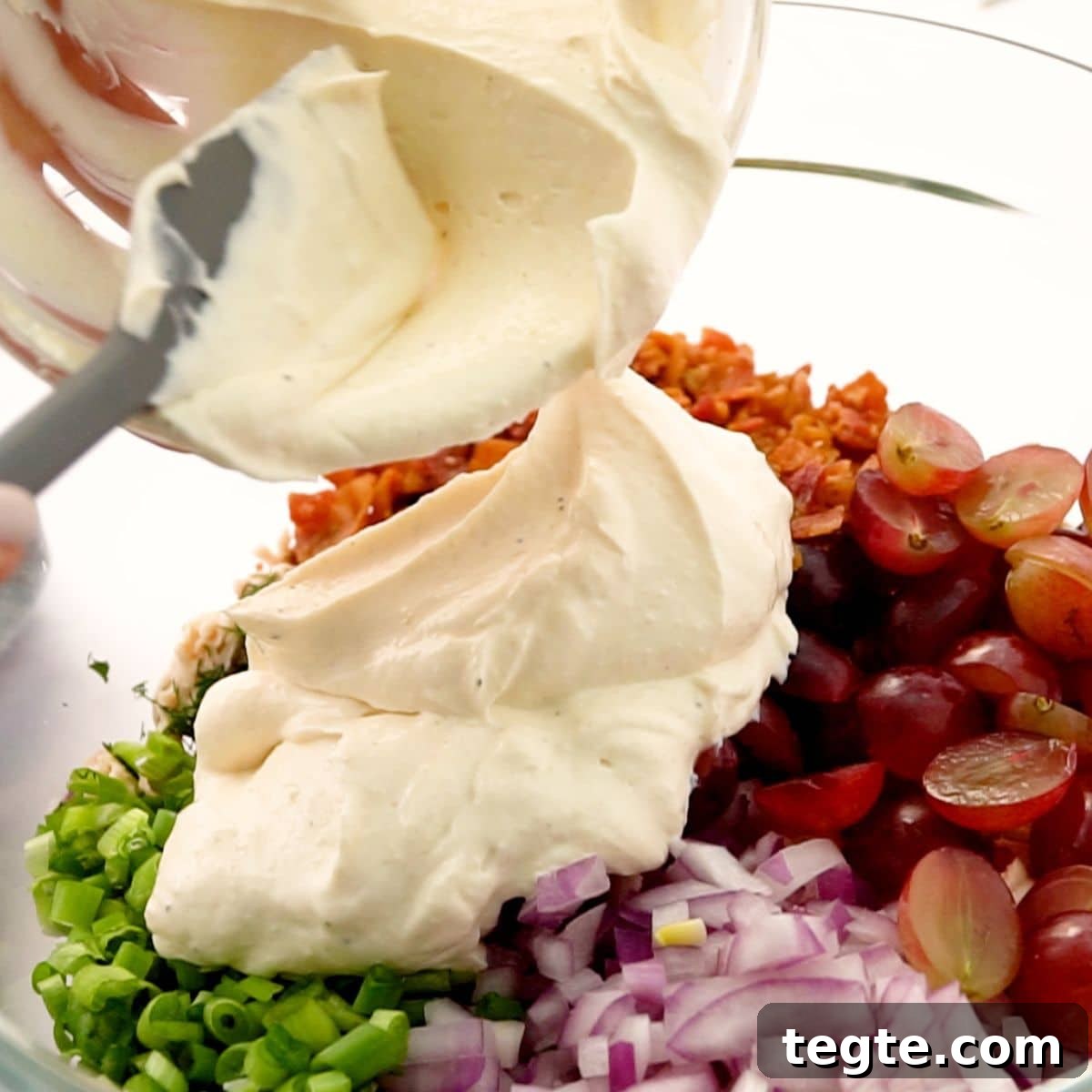 Instant Pot Chicken Salad with Bacon + How-To Video 5 adding the homemade dressing to the chicken salad
