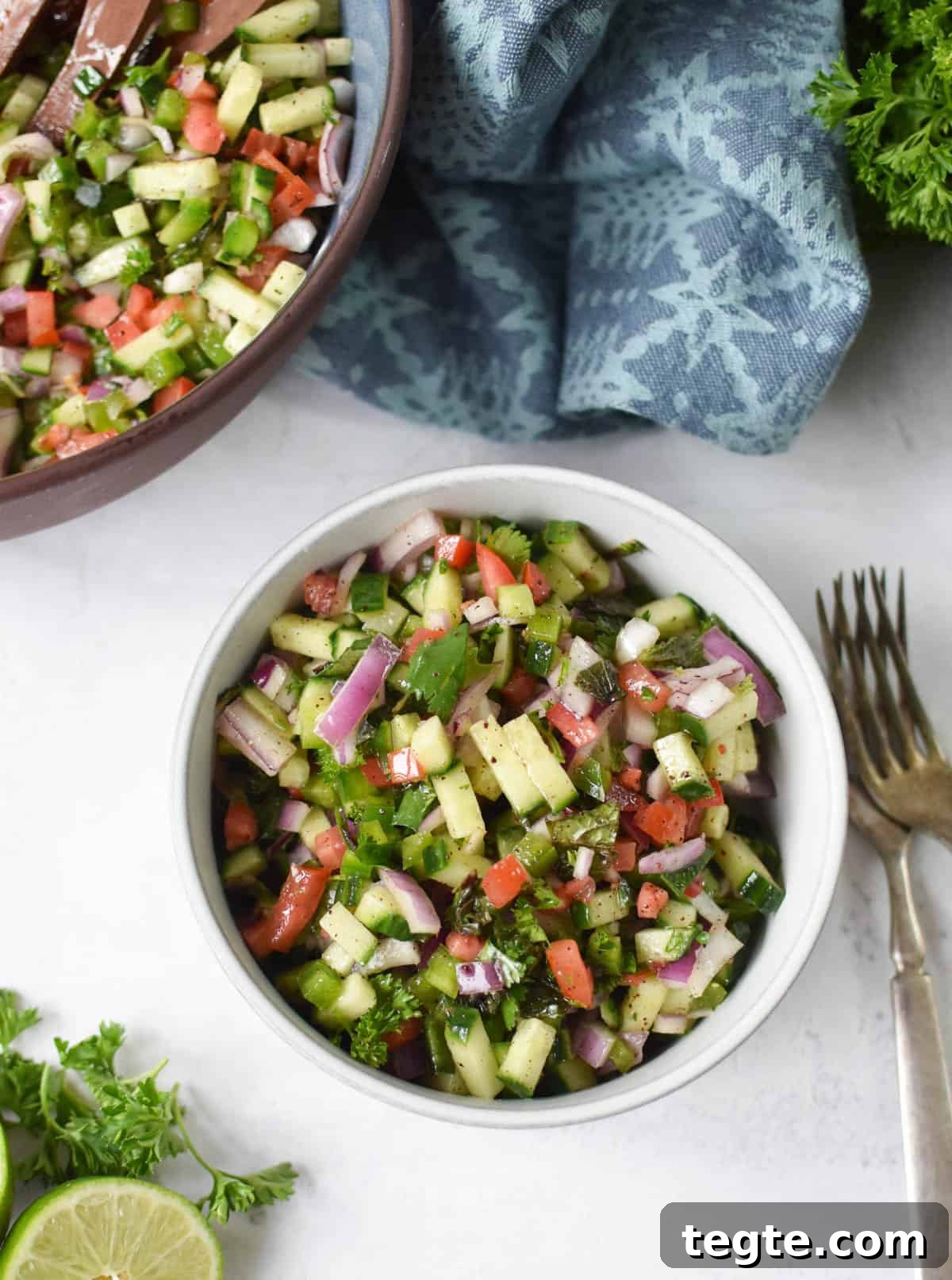 Authentic Shirazi Salad Recipe: Crisp Persian Cucumber Tomato Salad 7 Shirazi Salad Recipe in a white bowl