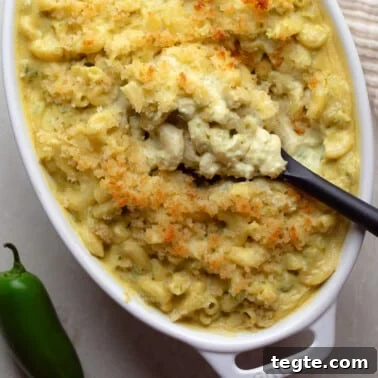 Creamy Vegan Jalapeño Mac and Cheese Recipe 9 overhead view of a black spoon lifting a scoop of Vegan Jalapeño Mac and Cheese from a casserole dish.