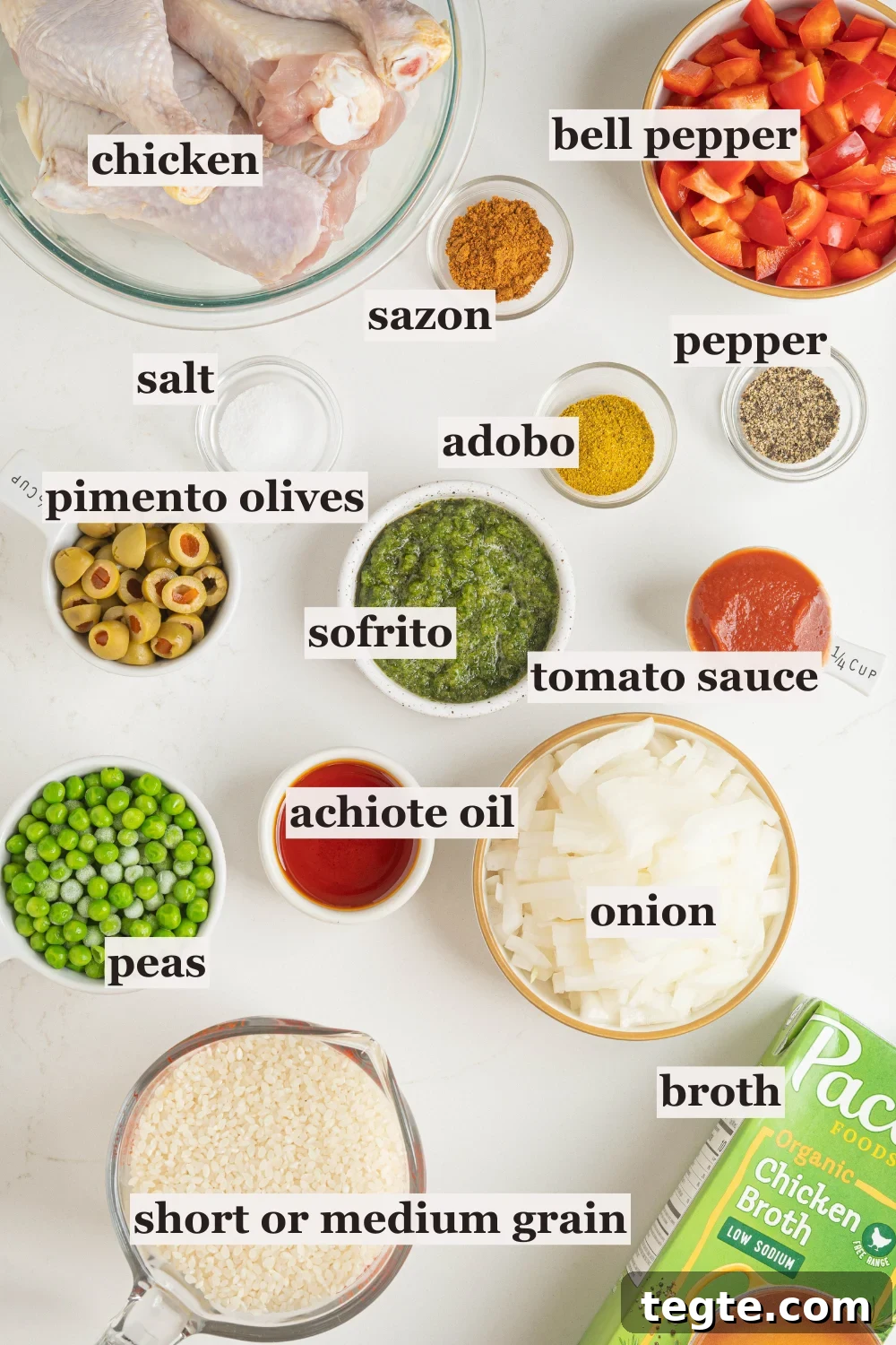 Authentic Puerto Rican Arroz con Pollo Recipe: Traditional Flavor Guide 4 Bowls of rice, sofrito, chicken, and more.