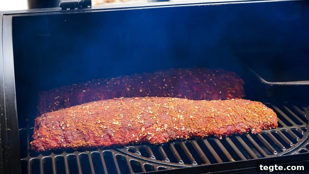 Baby back ribs with rub on smoker